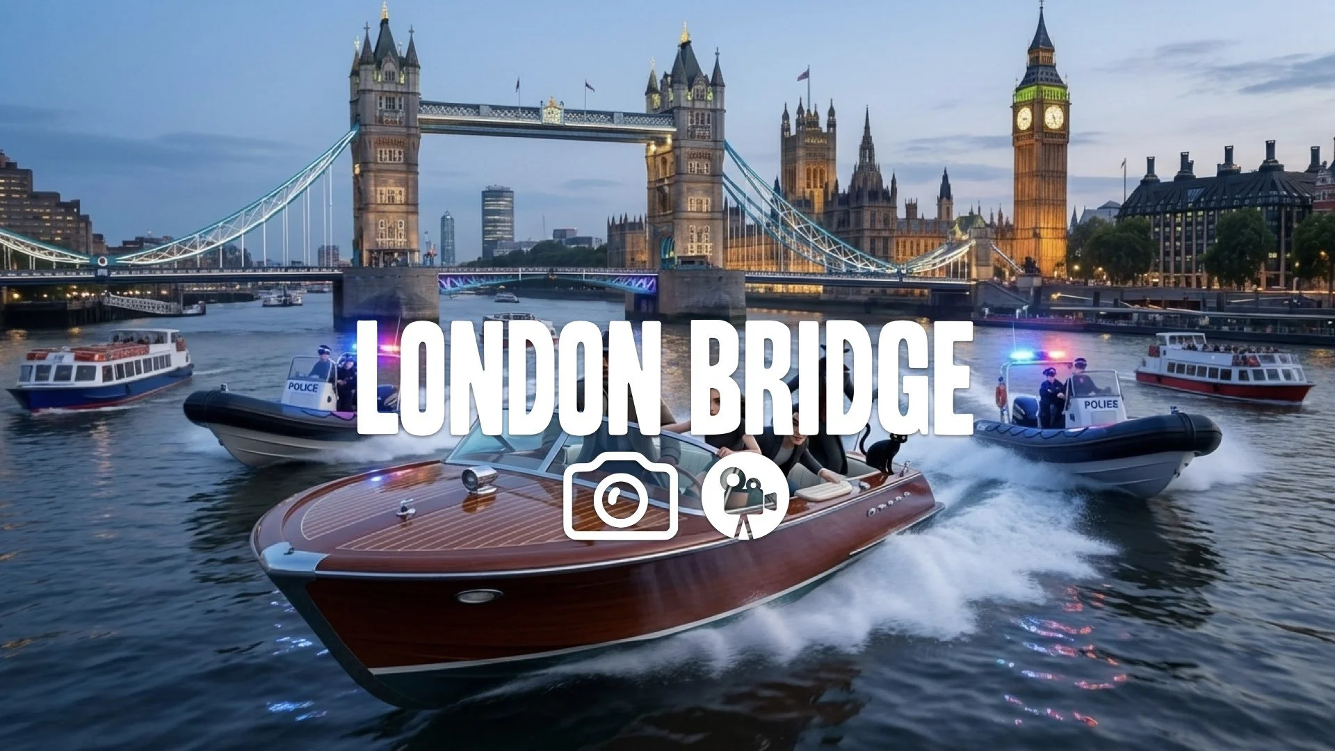 A thrilling boat chase on the River Thames. London spectacle. No music