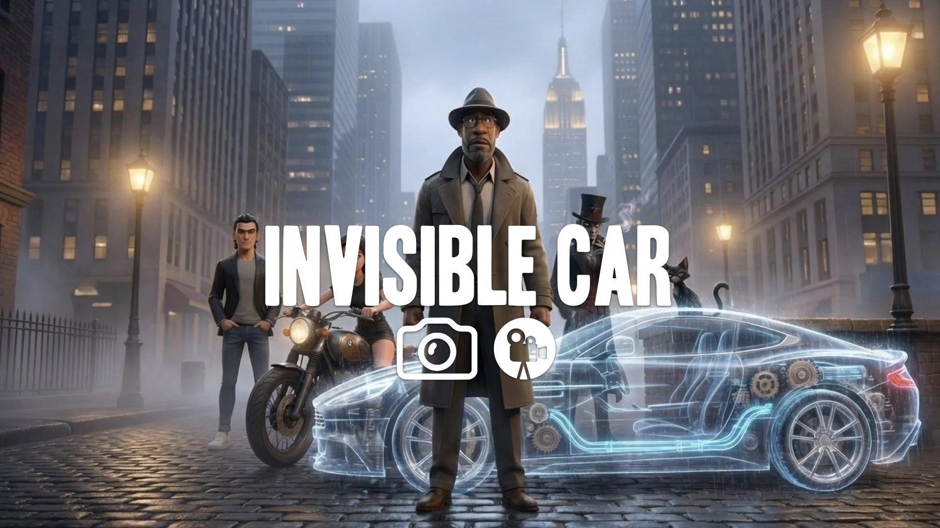 The invisible car gadget, an Aston Martin Vanquish. High-tech absurdity. No music