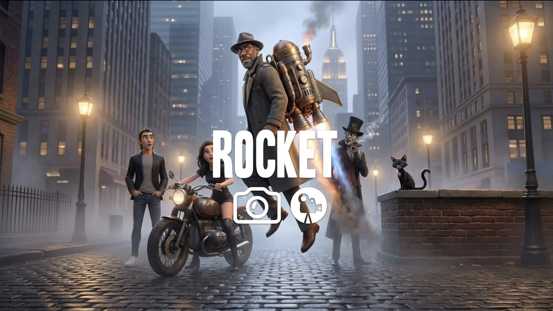 The agent soars into the sky using a retro-futuristic jetpack device. Escape, aerial view. No music