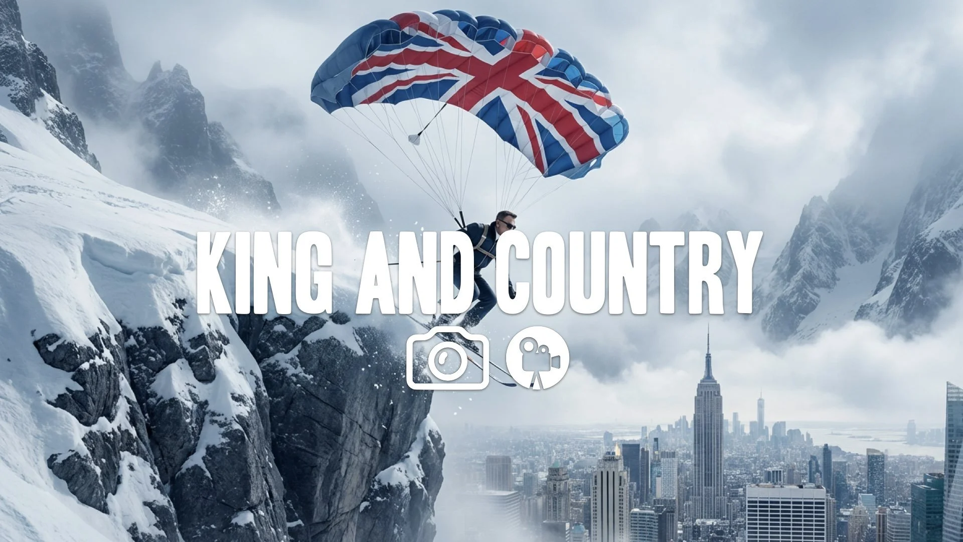 Agent skis off a cliff and deploys a Union Jack parachute. Iconic jump. No music
