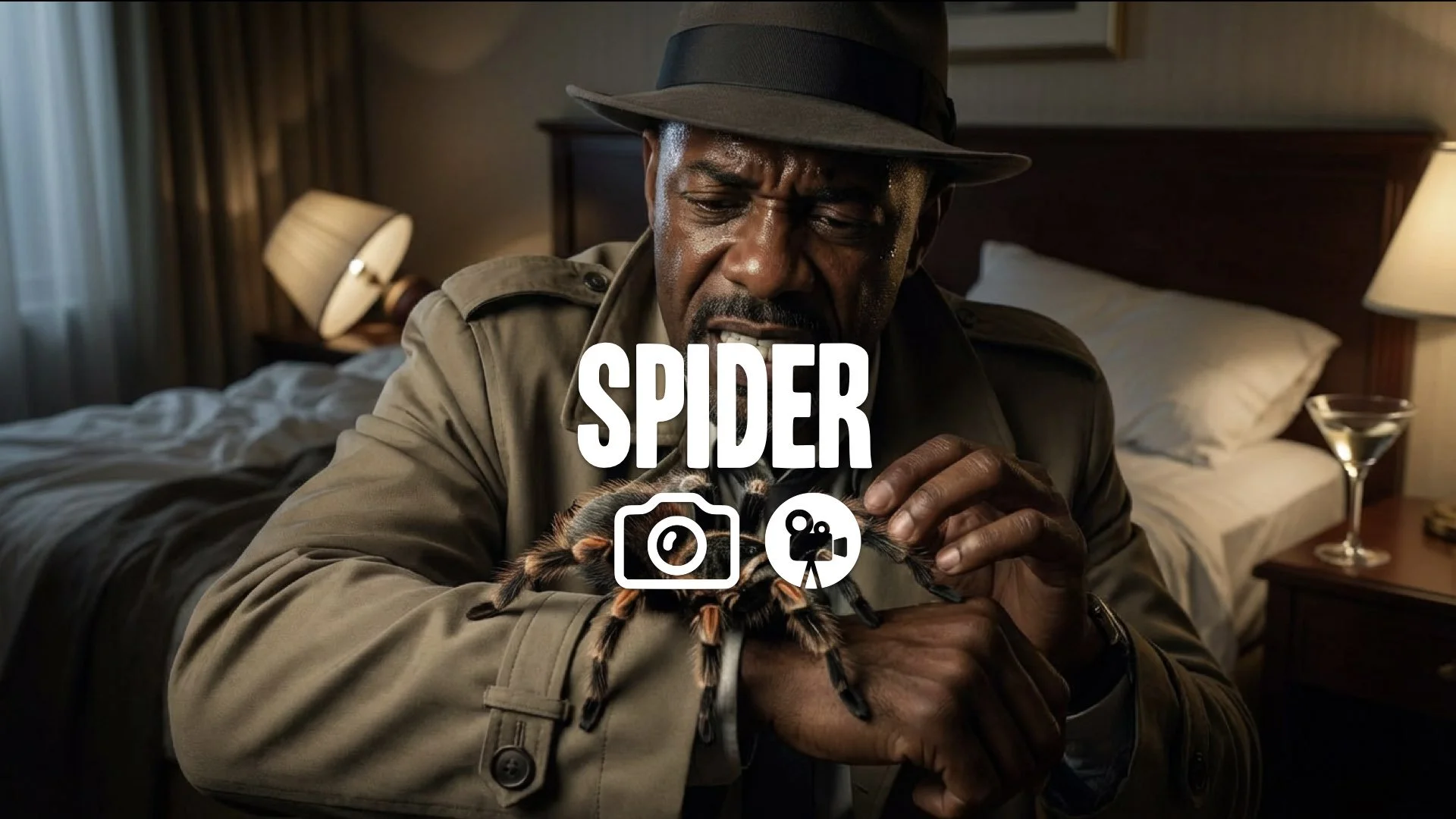 An extreme, intense close-up shot of a tarantula crawling across the agent's chest. No music