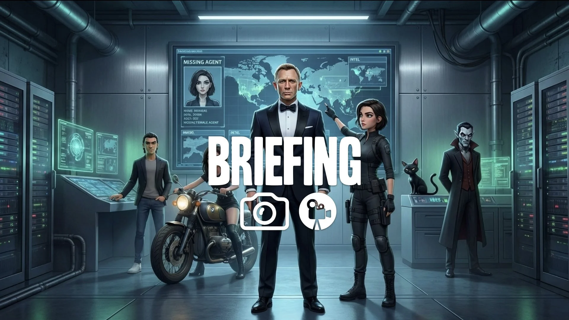 The spy infiltrates a villain's secret, hidden, high-tech lair. Mysterious atmosphere. No music