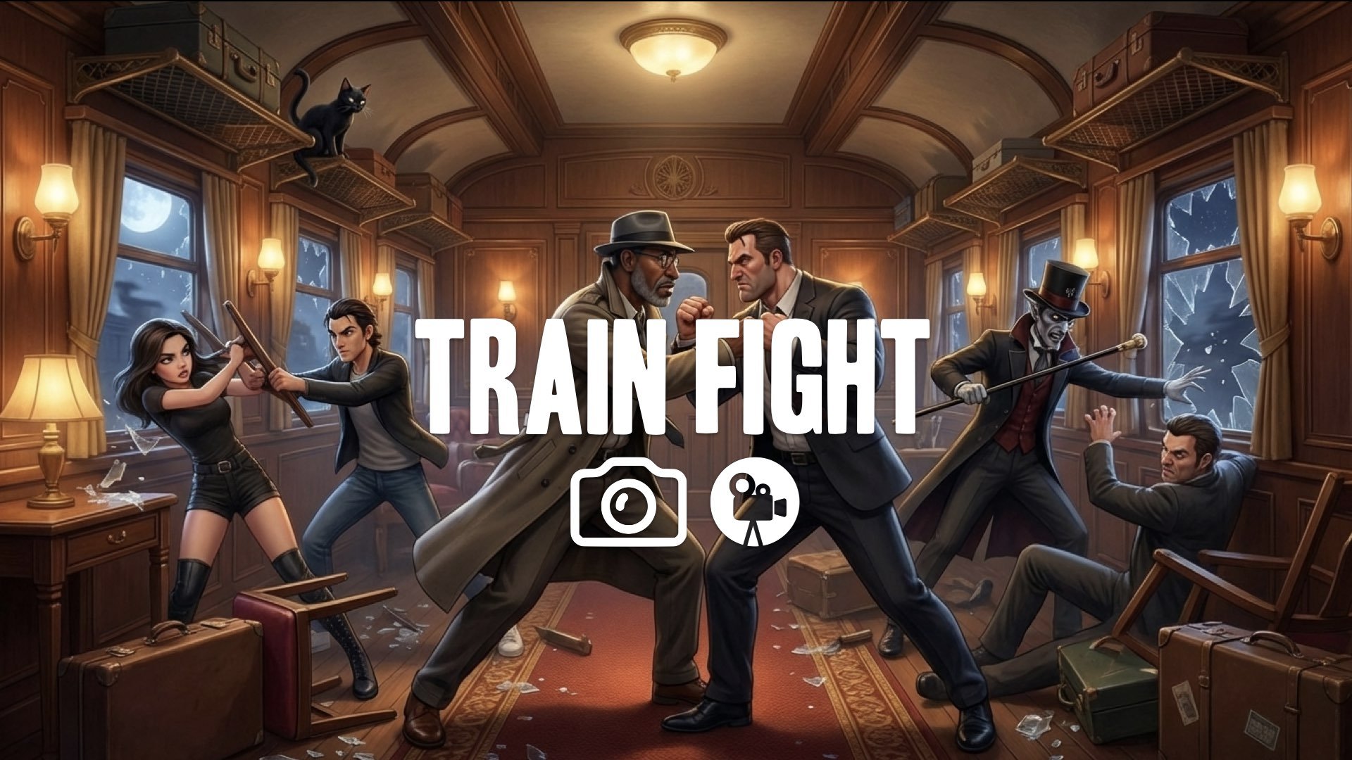 A brutal, hand-to-hand combat inside a cramped, luxurious train cabin. No music