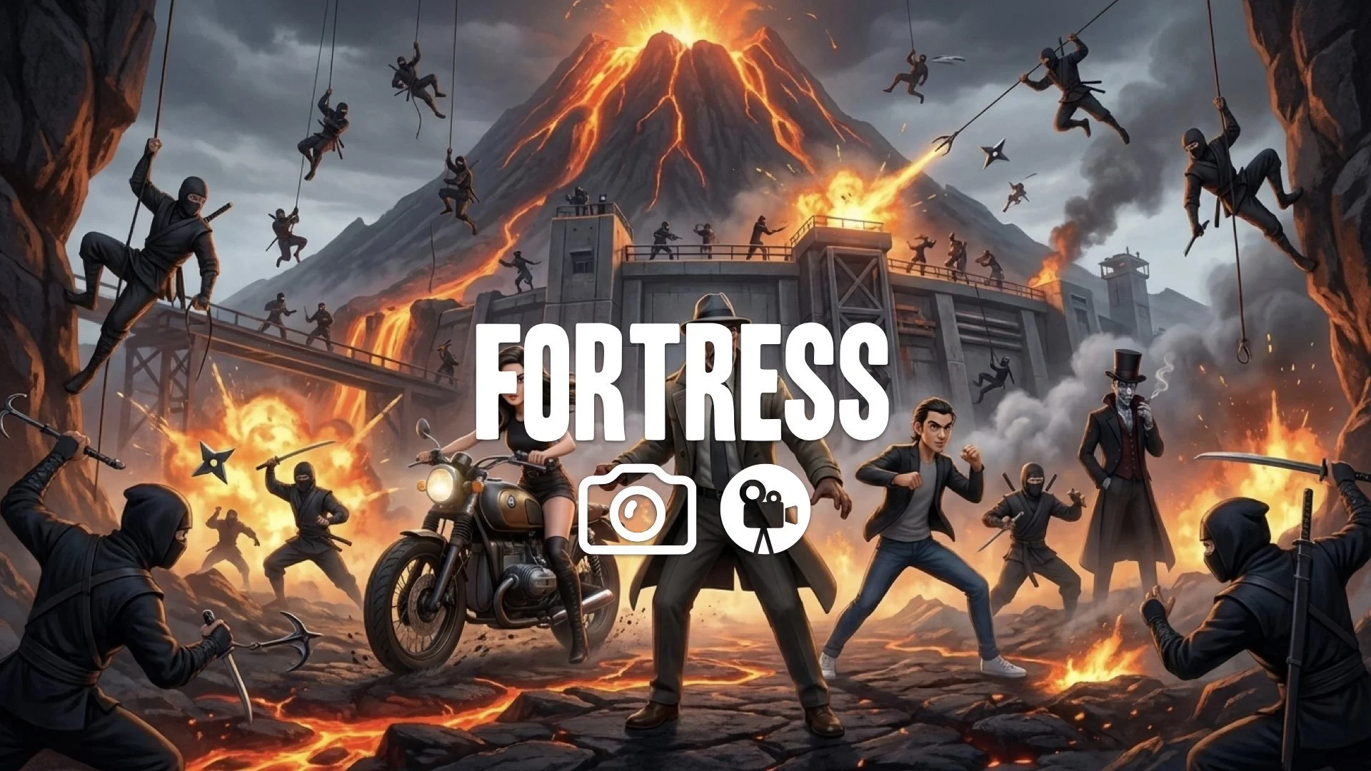 Elite black-clad assassins conduct a surprise attack on the volcano base. Widescreen action. No music