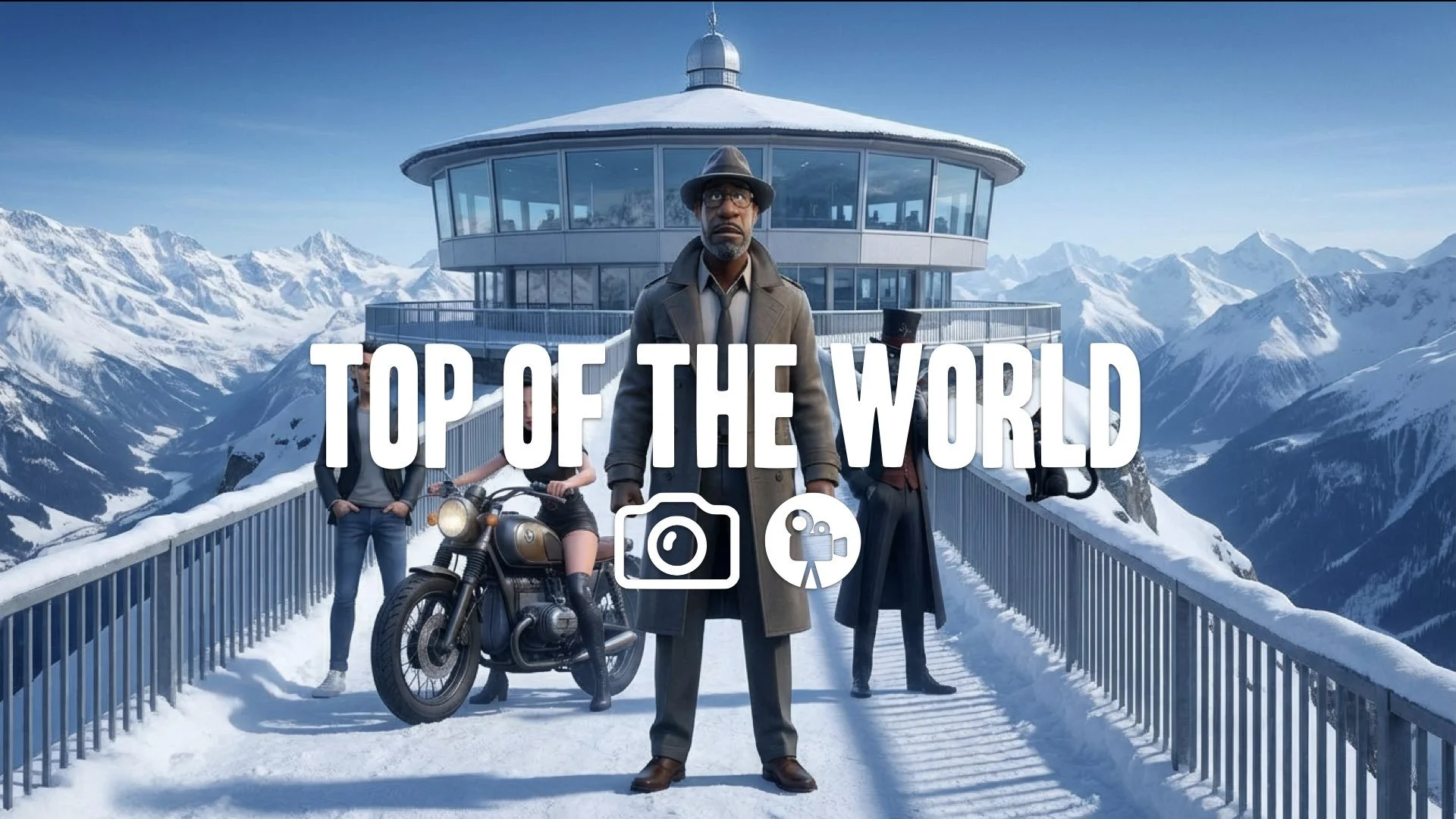 A group of spies stands on a snowy bridge outside a circular mountain base. High-altitude action. No music