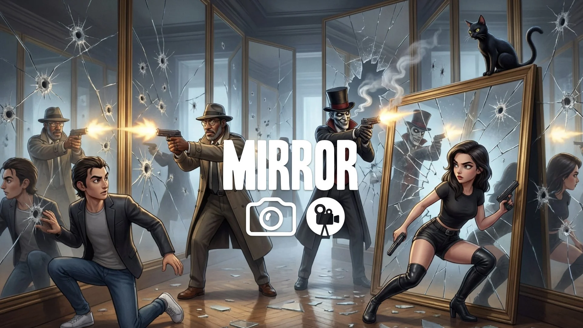 A showdown in the Hall of Mirrors. Tricky gunfight. No music