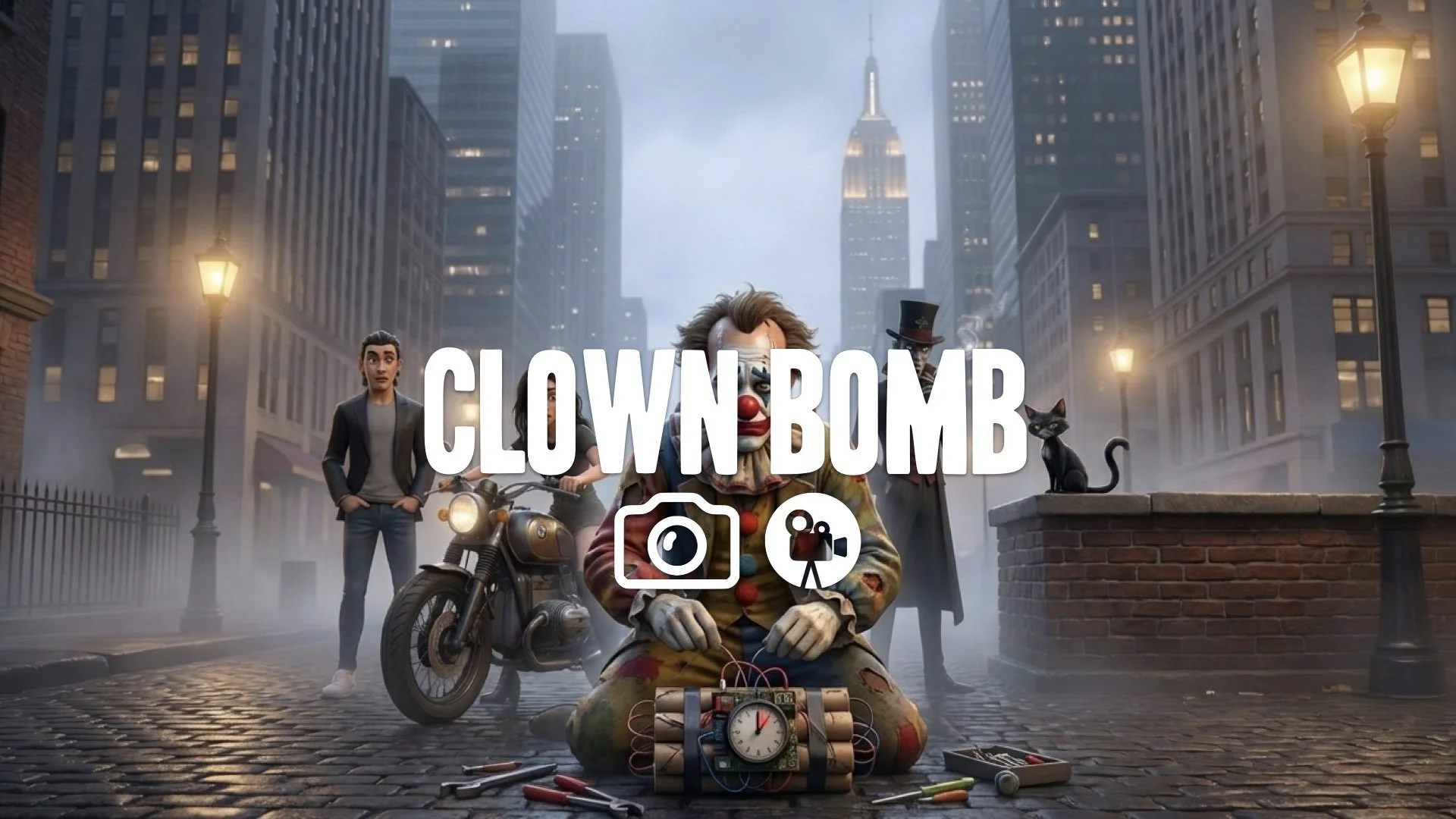 Hero disguised as a clown to defuse the bomb. Dramatic tension. No music
