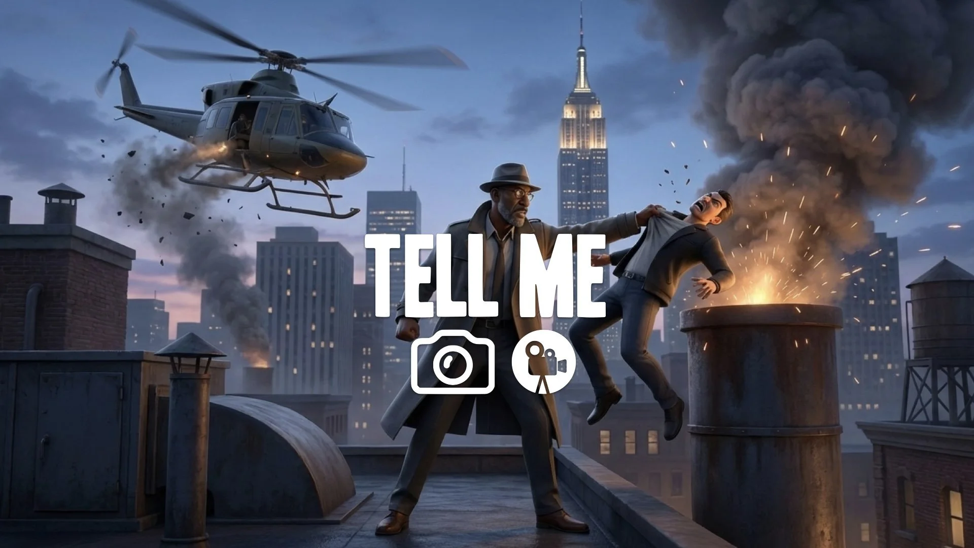 Spy throws a man into a smoke stack after a helicopter hijack. No music