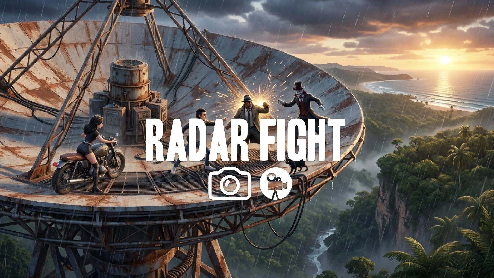 The final fight atop the massive satellite dish in Cuba. Vertiginous. No music