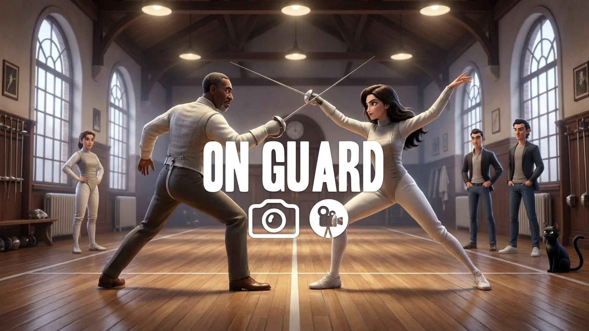 A duel with swords in a fencing club. Stylish fight. No music