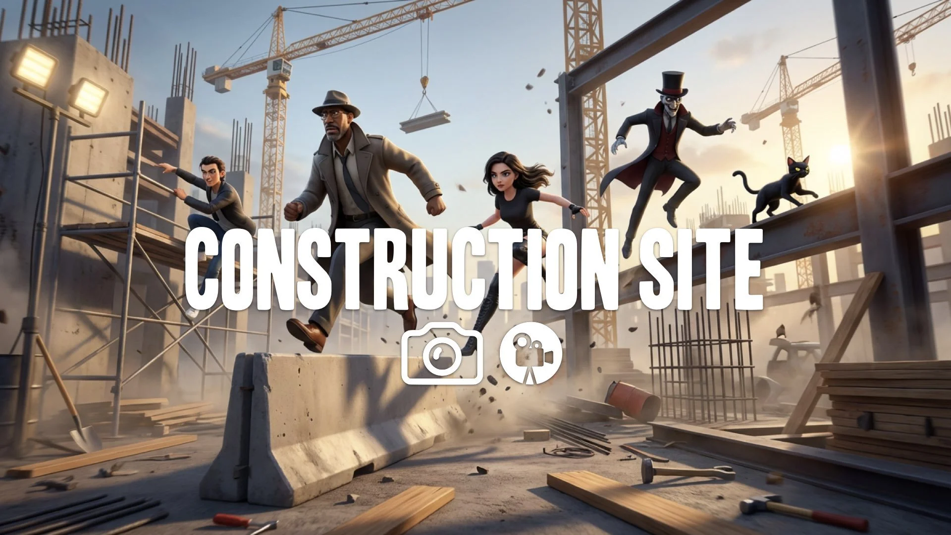 An intense parkour chase across a construction site. Fast movement. No music