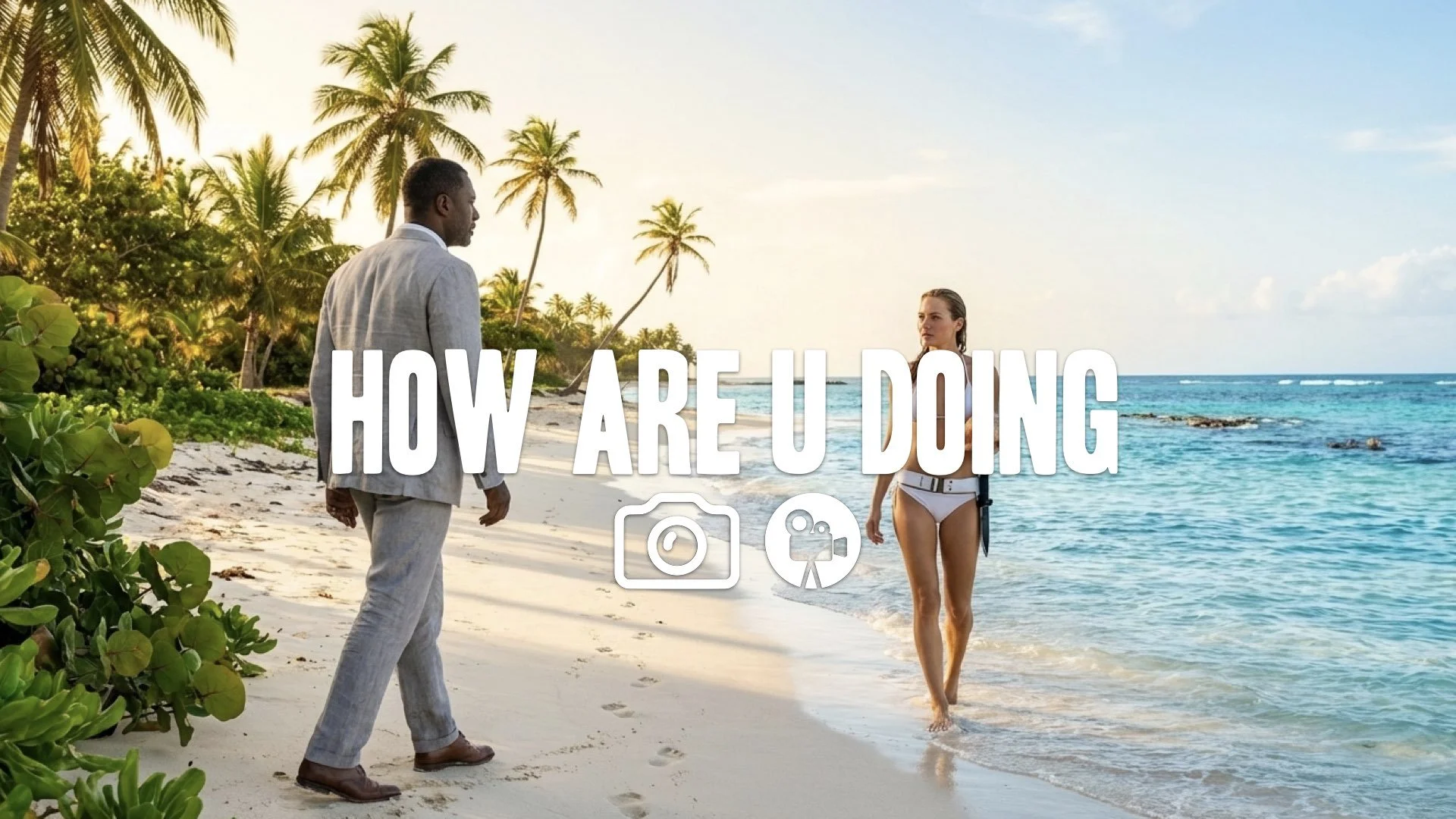 Agent meets a beautiful woman on a sun-drenched Jamaican beach. Tropical cinematic wide shot. No music