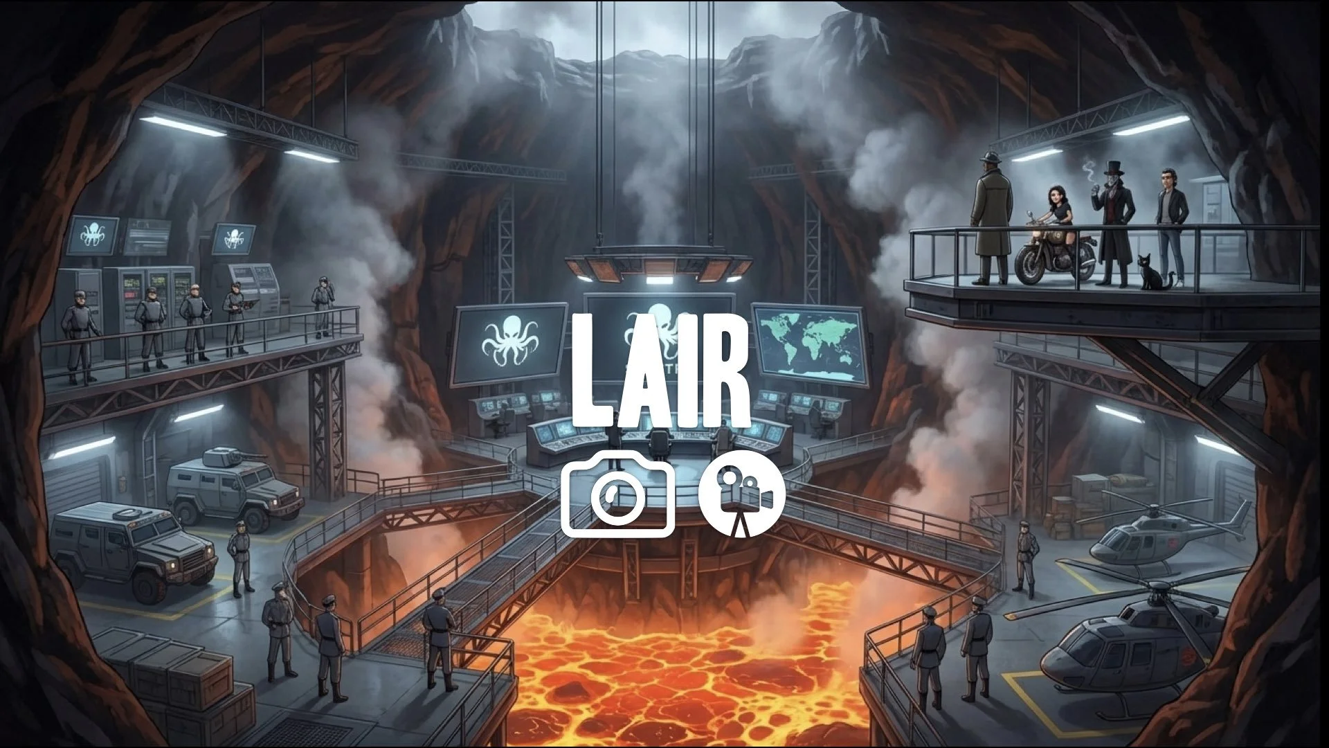 A massive, hidden base carved inside a hollowed-out volcano. Widescreen, cinematic shot. No music