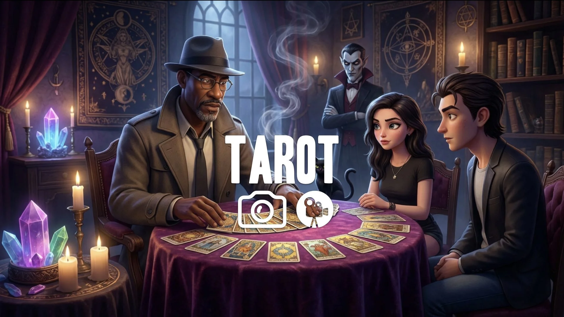 A stunning tarot card reader, Solitaire. Mystical atmosphere. No music