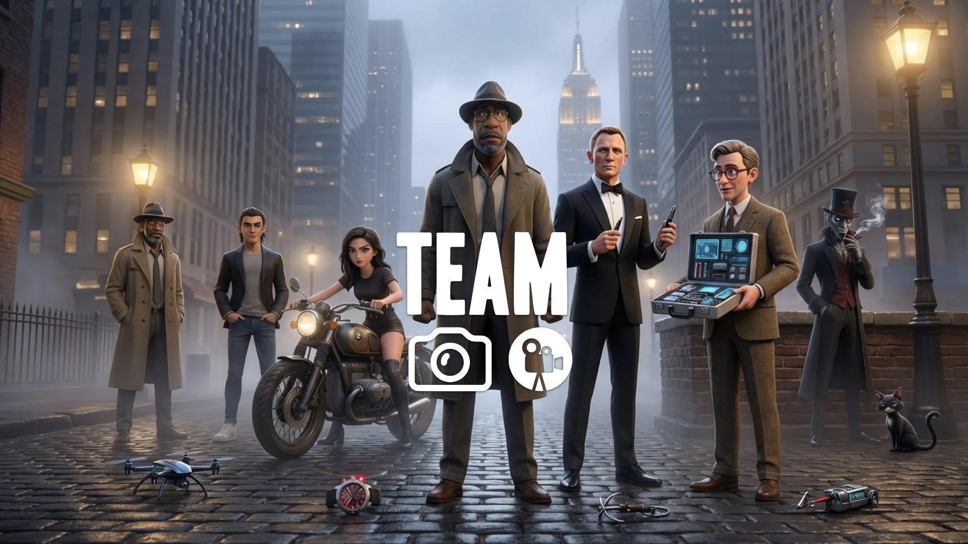 Q helps Bond in the field with secret gadgets. Unusual team-up. No music