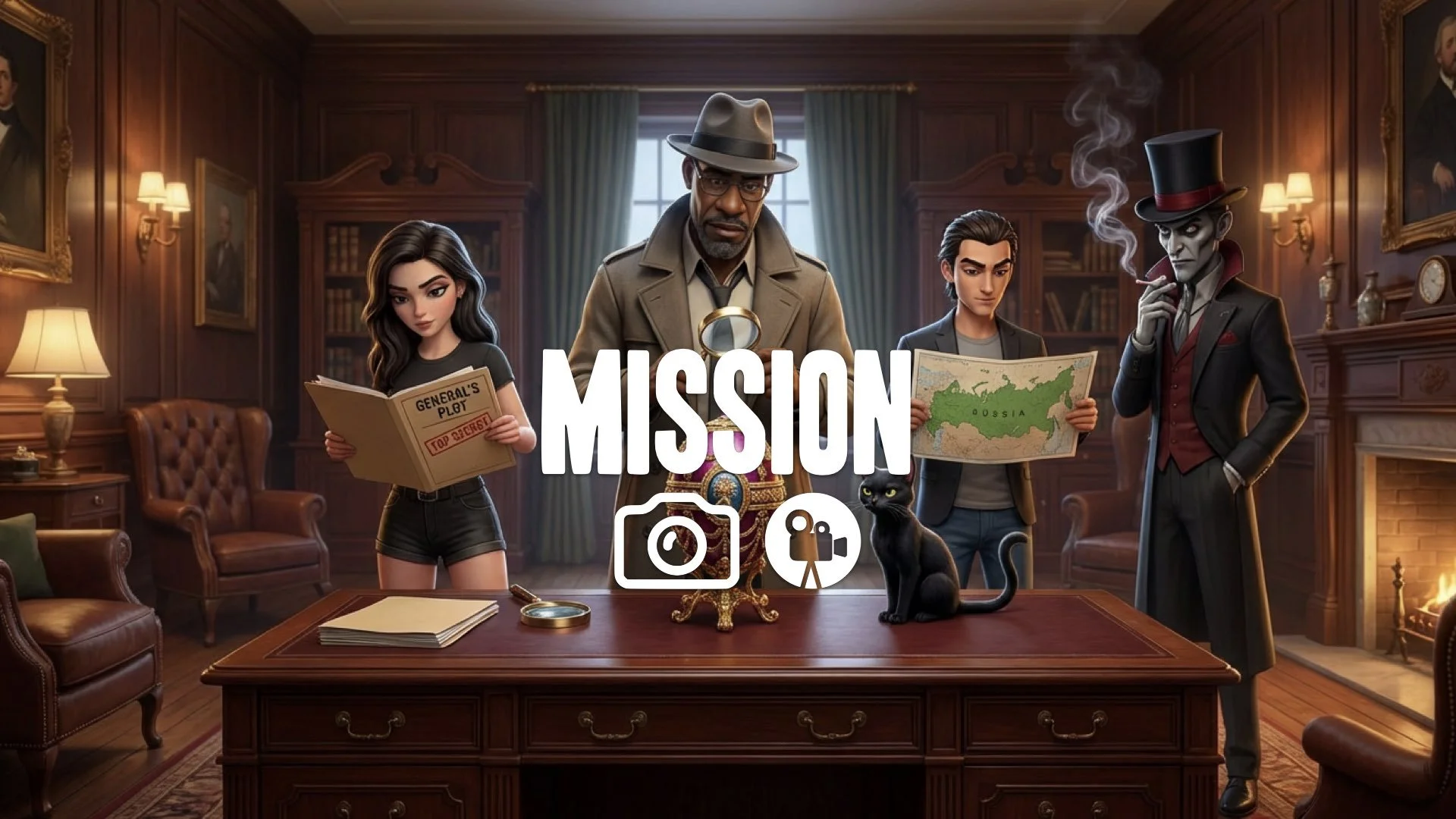 Agent investigates a stolen Fabergé egg and a general's plot. No music