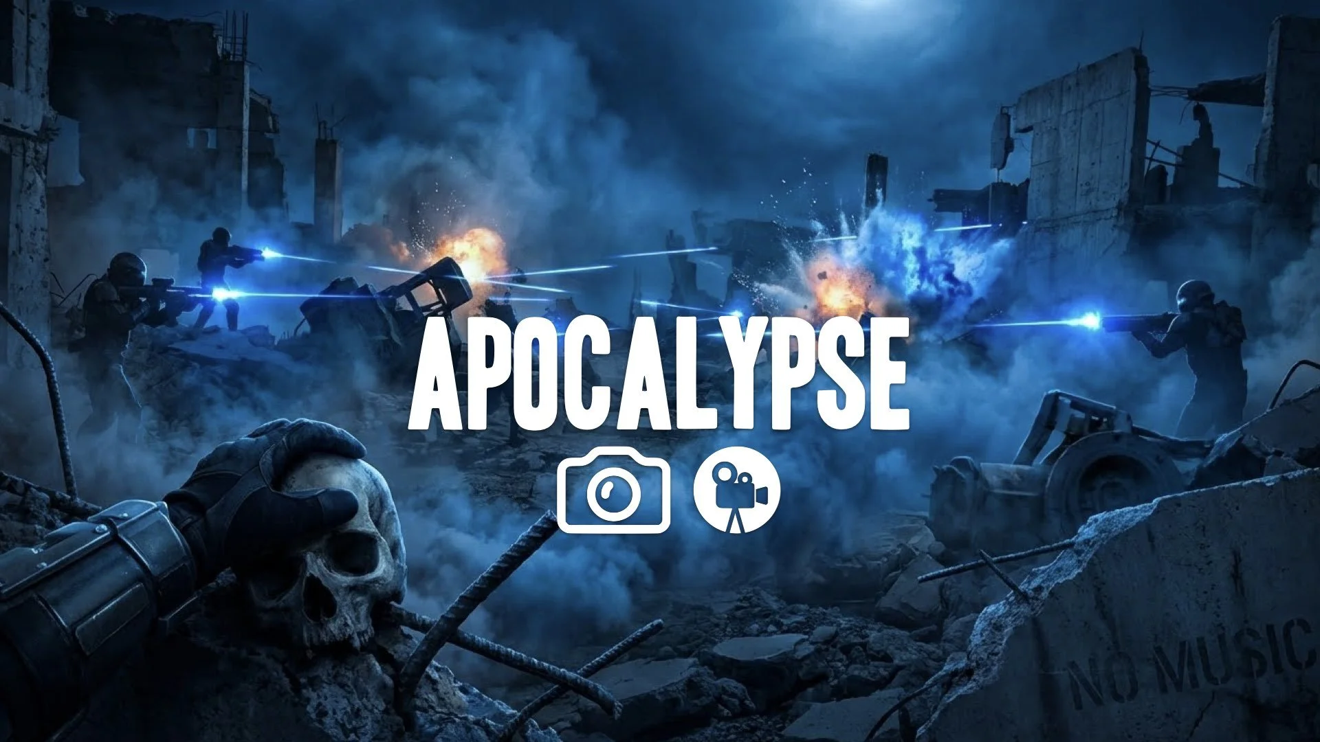 1. Future war wasteland blue moonlight lasers rubble skull crush explosions smoke cinematic no music