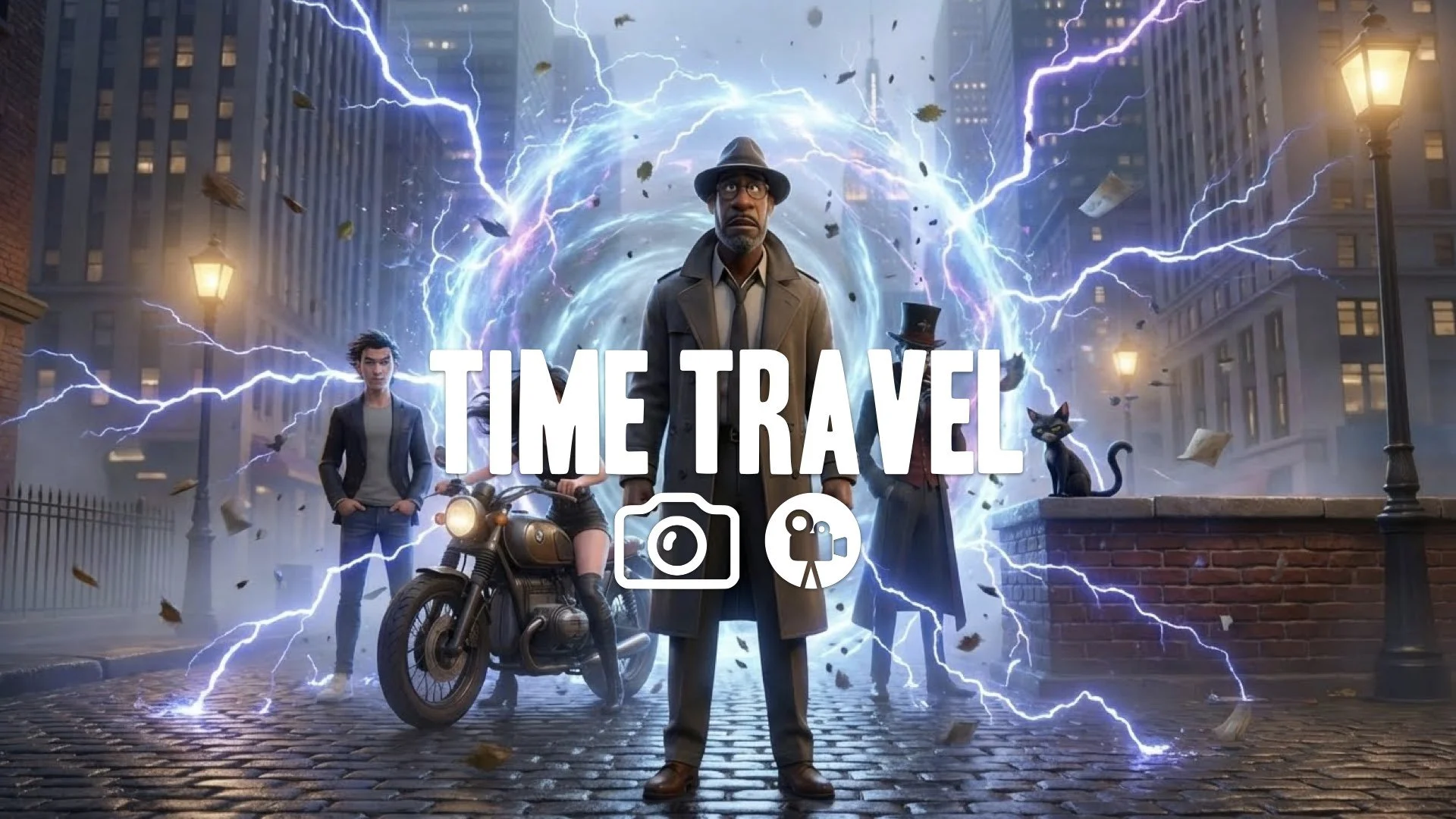 1. Time travel sphere lightning electricity arcing wind debris swirling energy field no music