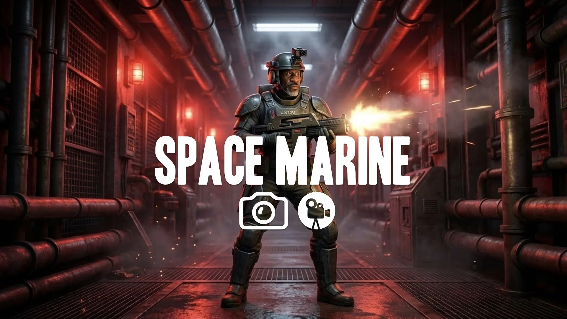 1. Colonial marine armor pulse rifle muzzle flash gritty industrial corridor red emergency light no music