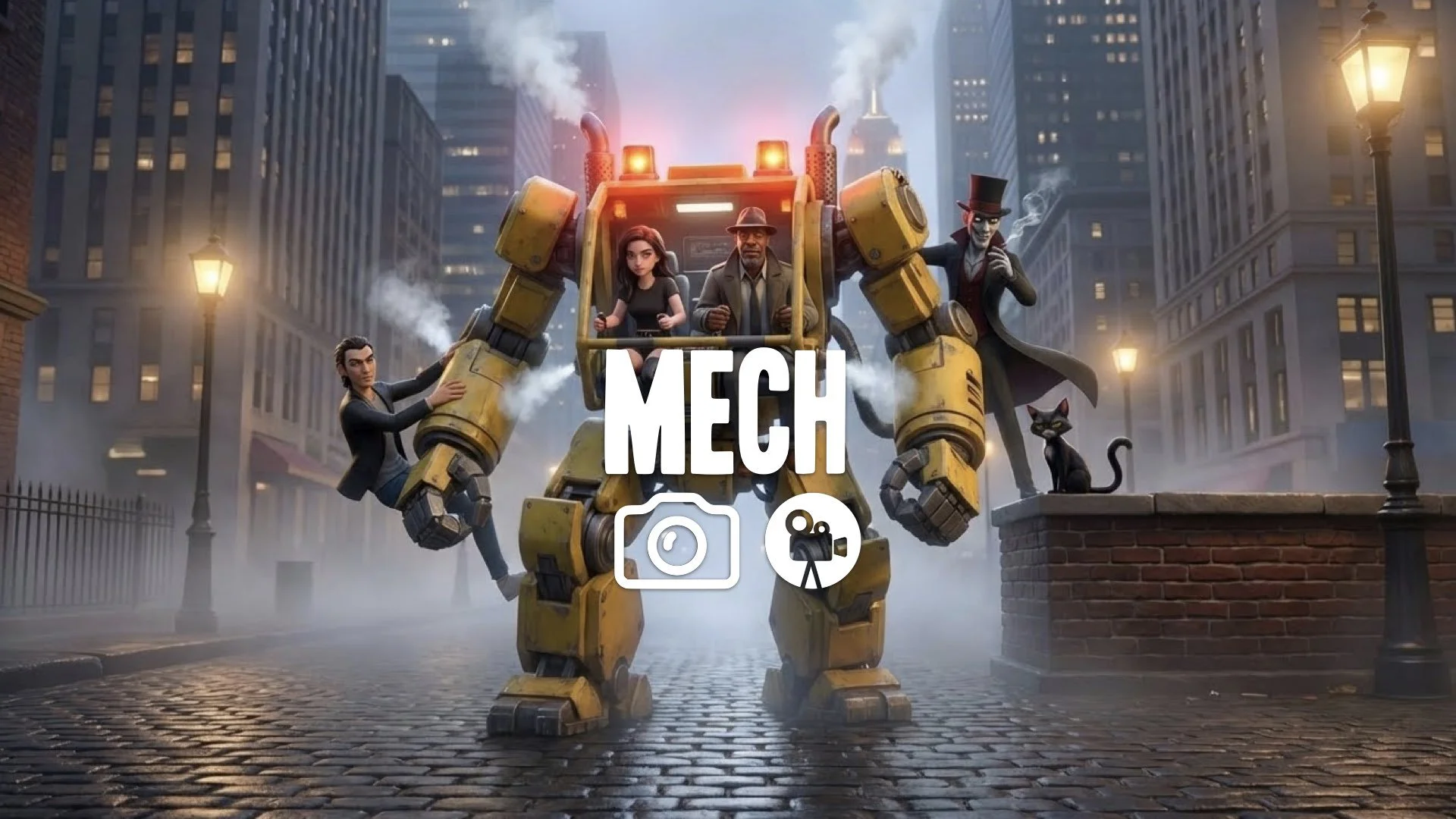 1. Power loader yellow mech suit flashing warning lights steam hydraulic movement heavy metal no music