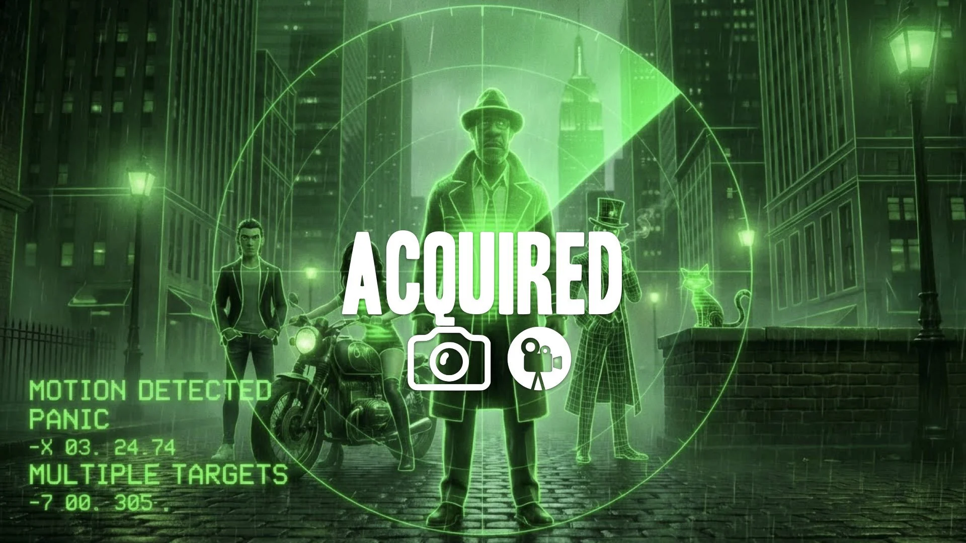 1. Motion tracker screen green glow grain radar sweep panic atmosphere rain texture no music