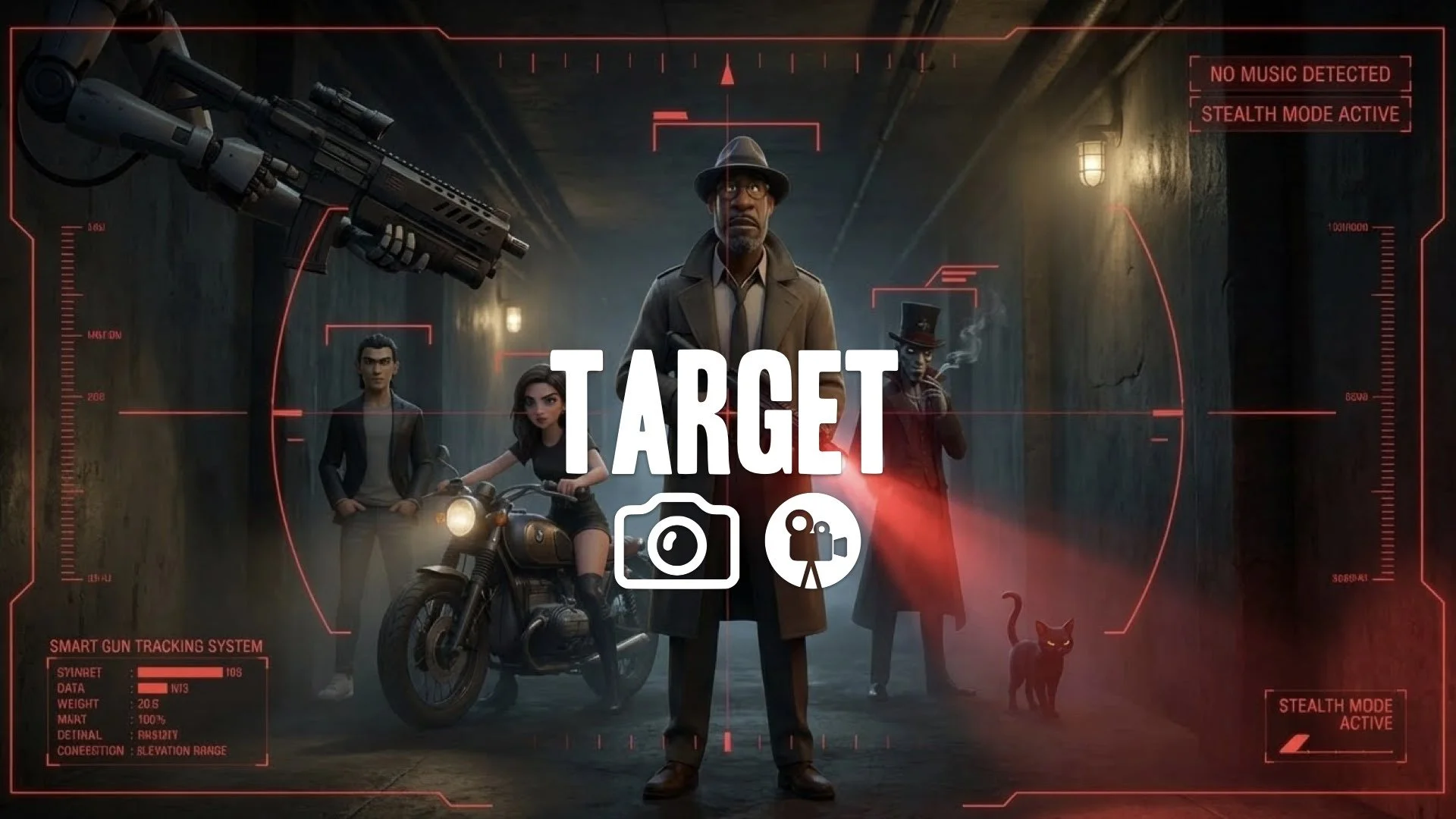 1. Smart gun tracking robotic arm overlay hud red tactical light dark corridor no music