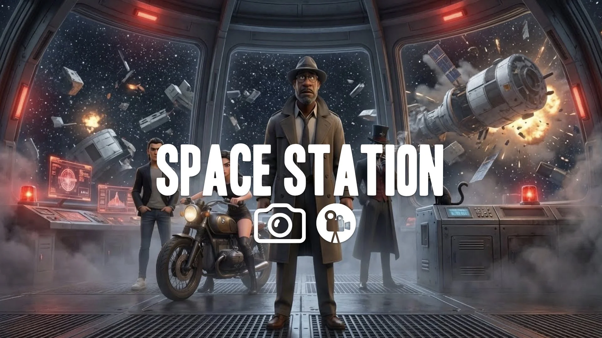 * Space station docking spinning rotation stars background debris explosion tension no music