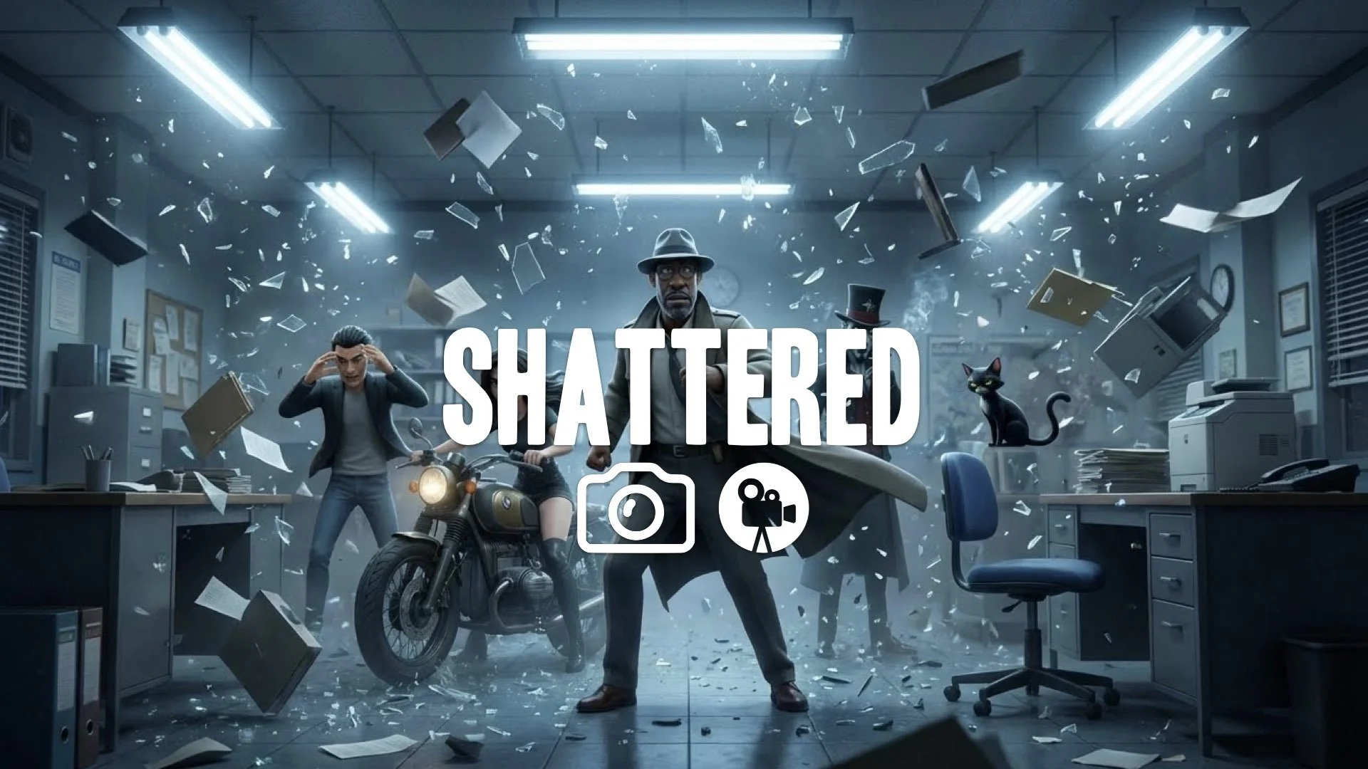 1. Police station interior shattered glass chaos cold fluorescent light debris flying slow motion no music