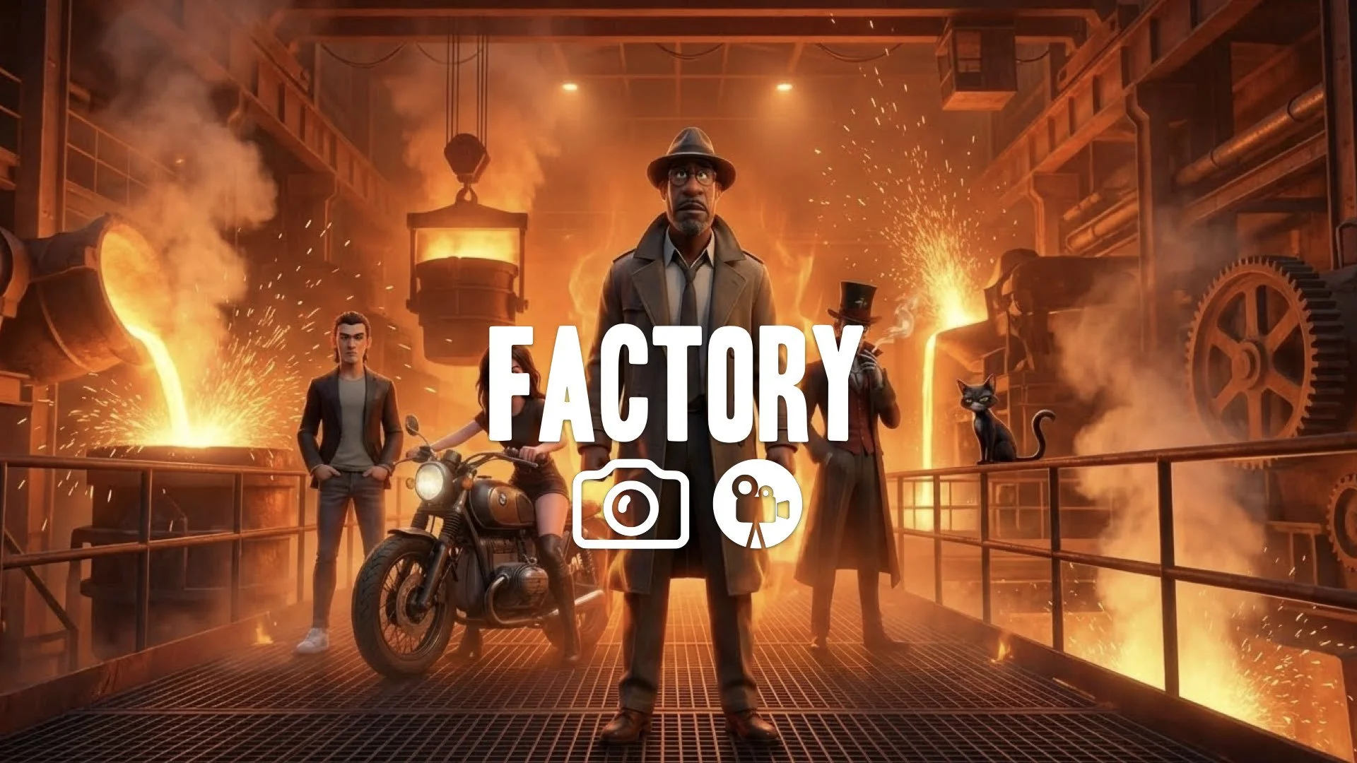 1. Molten steel factory orange glow heat haze industrial machinery sparks flying steam no music