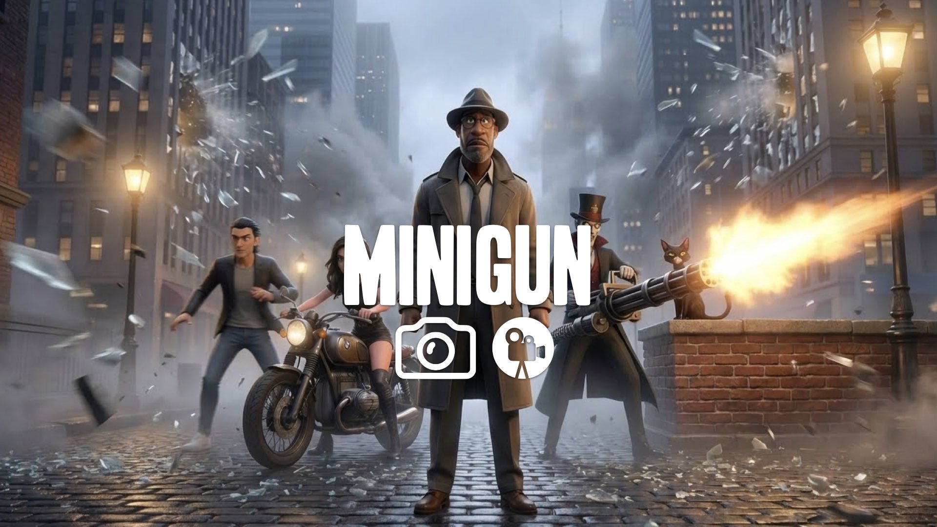 1. Minigun firing muzzle flash shattering glass debris falling heavy action blur no music