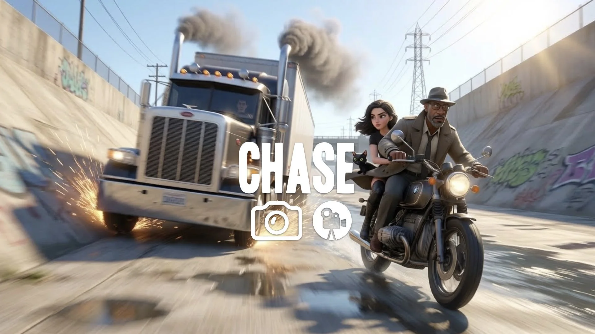 1. Chase scene la river semi truck sparks flying sunny day motion blur concrete texture no music