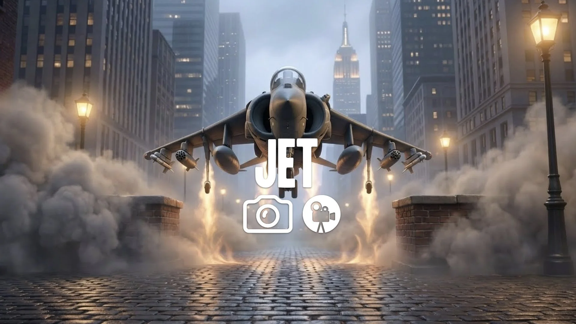 1. Harrier jet hovering heat waves missile rail skyscraper background realistic smoke no music