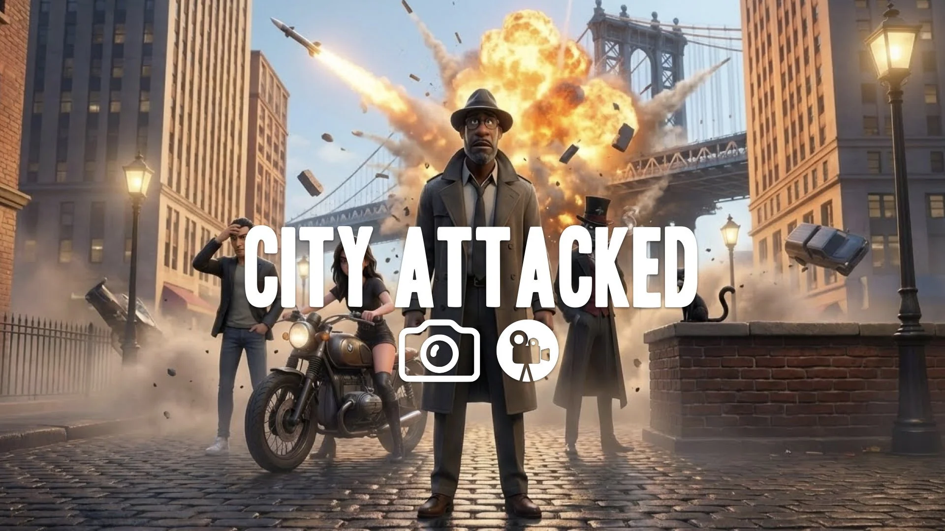 1. Bridge explosion missile trail fireball daylight debris flying shockwave action no music