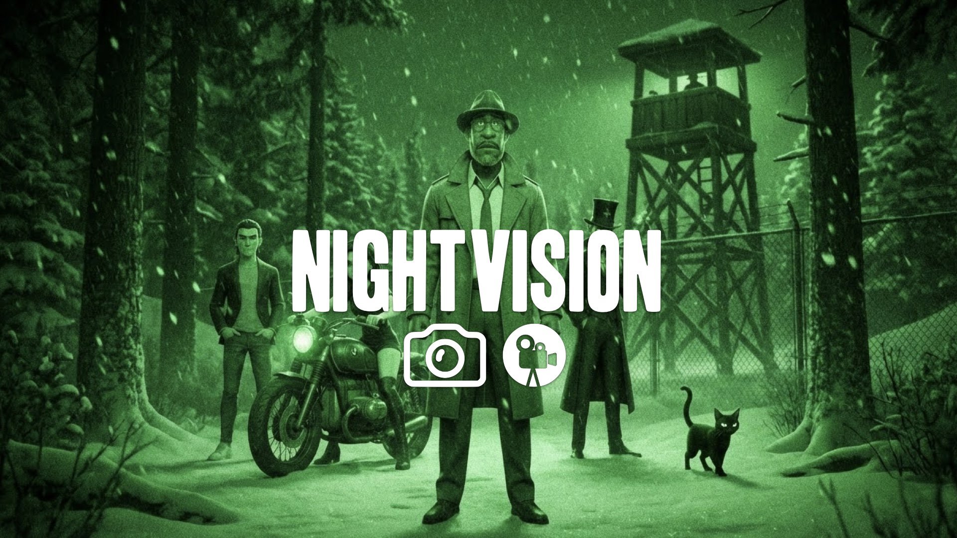 1. Snowy woods night vision green tint grain fence guard tower winter stealth mood no music