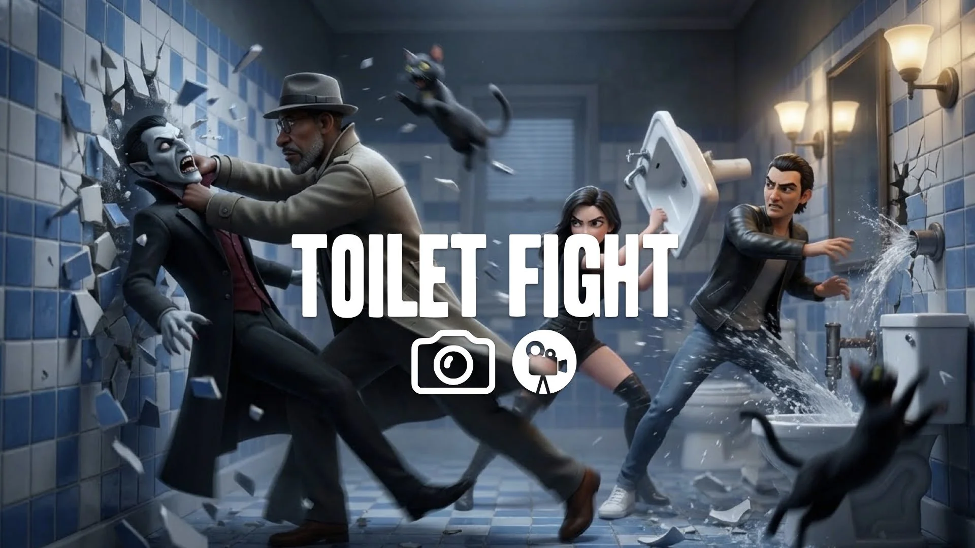 1. Bathroom fight ceramic tiles smashing porcelain water spray chaotic motion blur no music