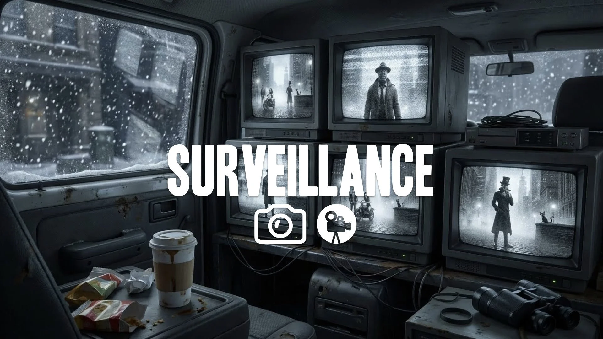 1. Spy van interior surveillance monitors static snowy exterior coffee cup stakeout no music