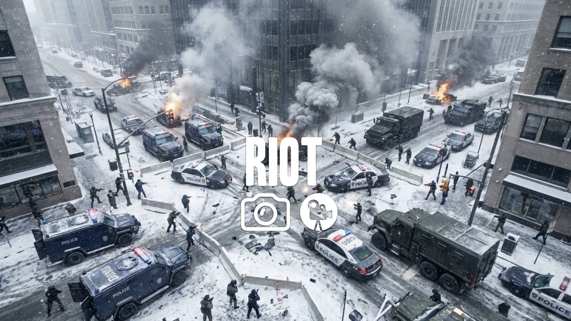 Police vs mercenaries street war snow falling winter city chaos smoke aerial view no music