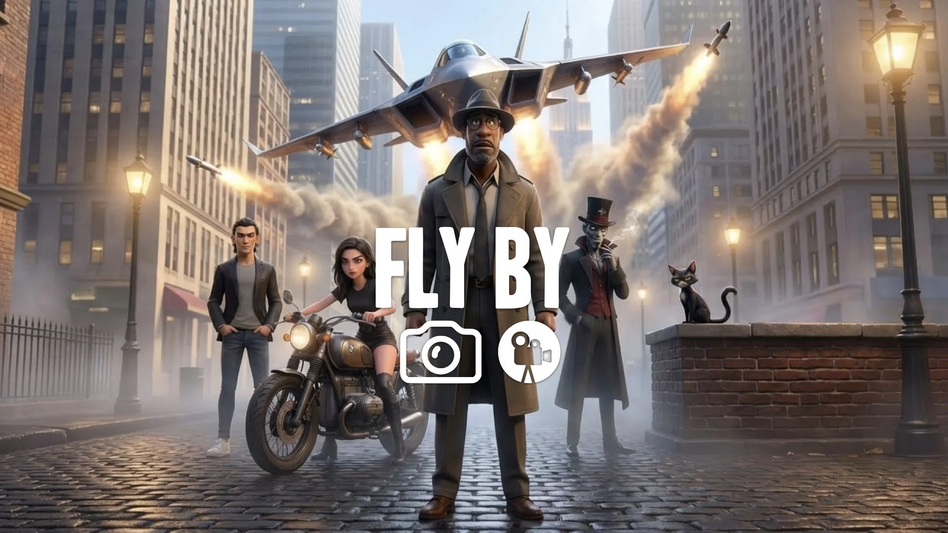 * aircraft flying between skyscrapers daylight smoke missiles heat haze futuristic vehicle no music