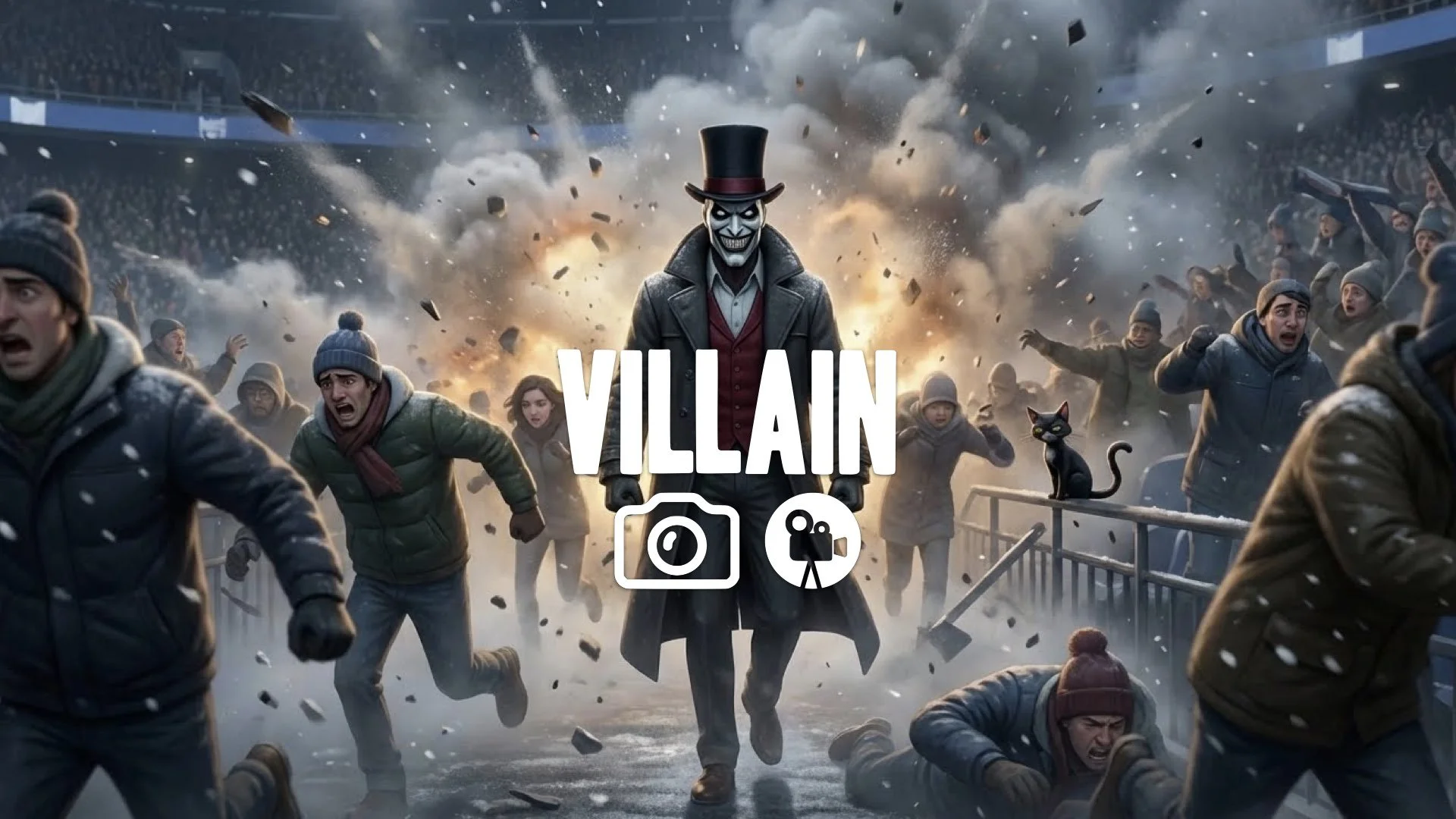 * Villain walking into stadium crowd panic explosion dust debris winter coat iconic mask menacing no music