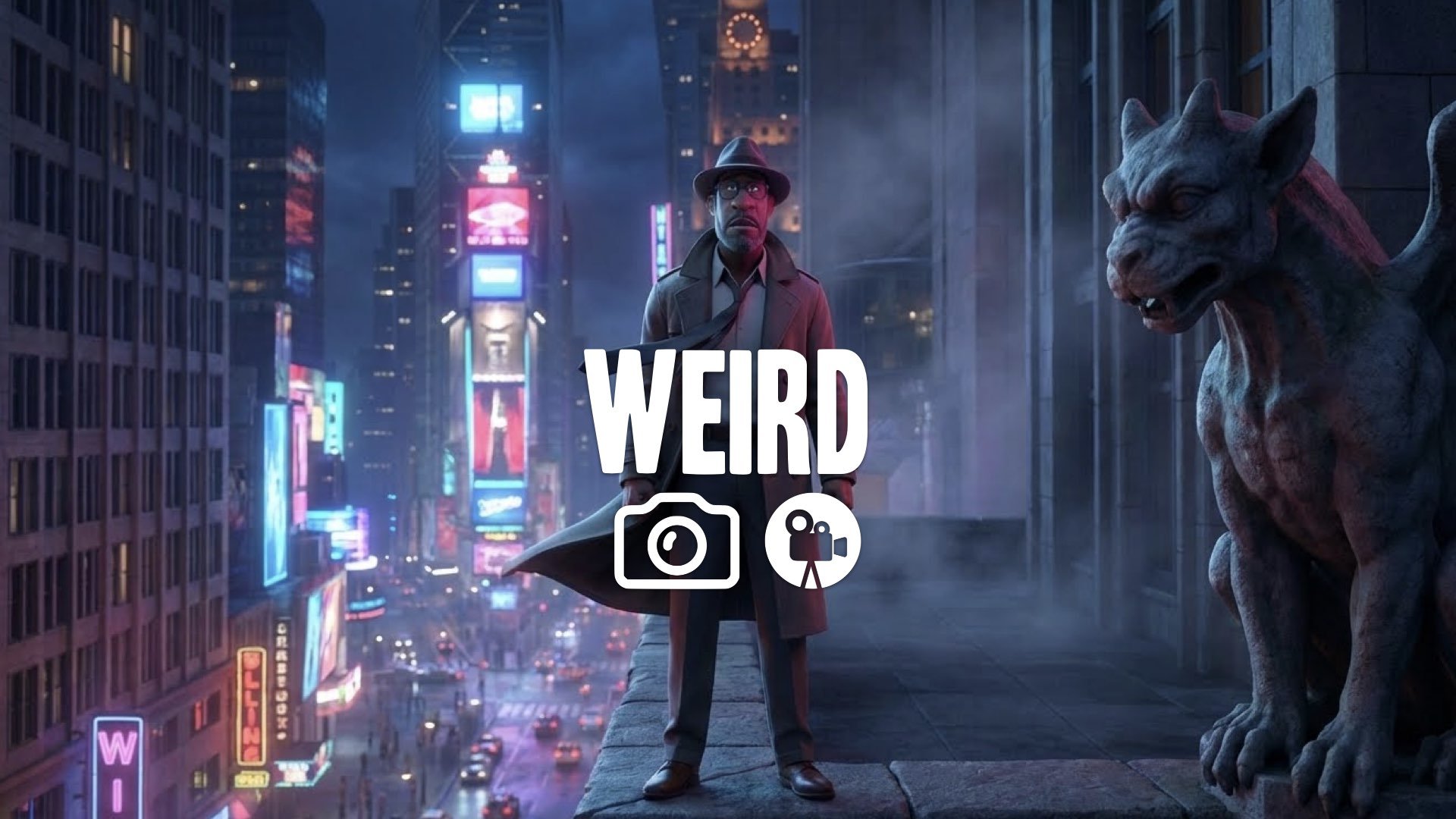 * Man standing on skyscraper edge neon lights night wind blowing gargoyle texture no music