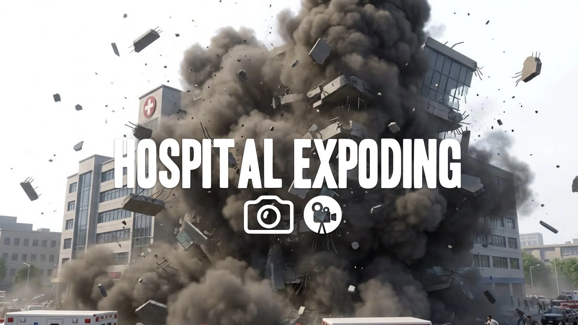 * Hospital building collapsing explosion dust cloud daylight debris flying slow motion chaos no music