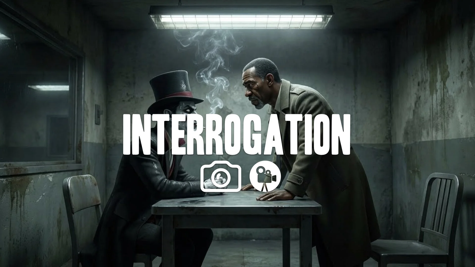 * Villain interrogation room flickering light makeup texture intense stare sweaty face grit no music