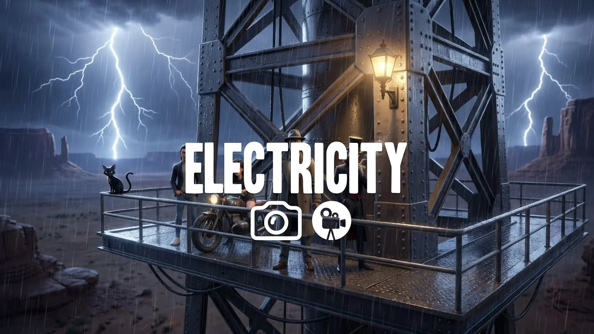 * Bomb tower metal structure night lightning storm desert rain wet steel cinematic tension no music