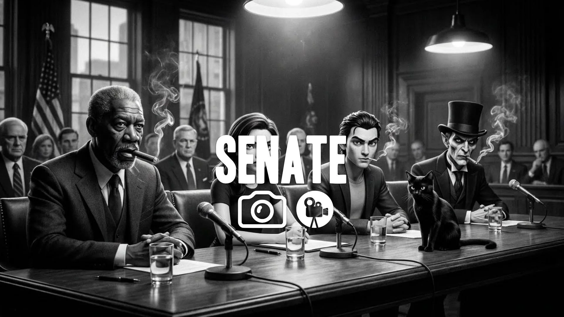 * Black and white senate hearing intense faces film grain suit texture smoke dramatic light no music