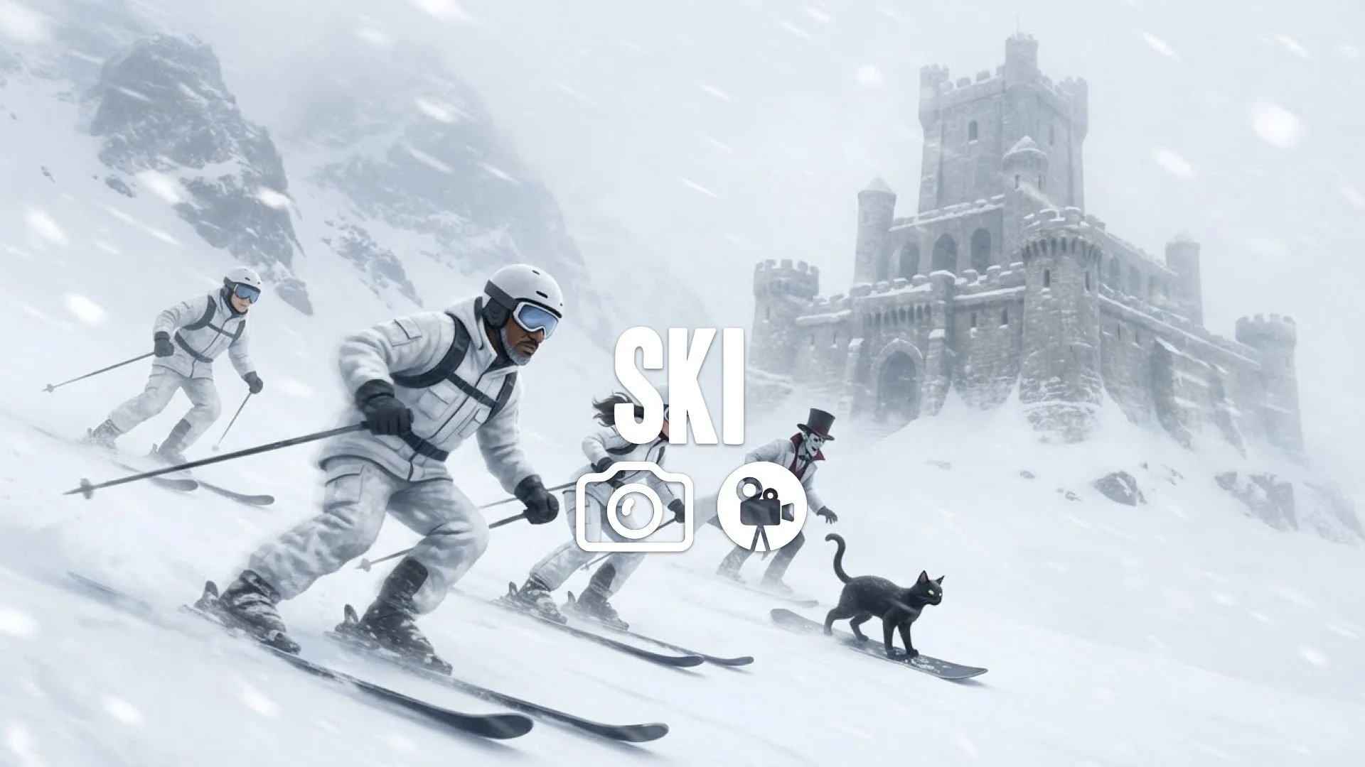 * Snow fortress mountain ski chase whiteout wind snow particles camouflage action blur no music