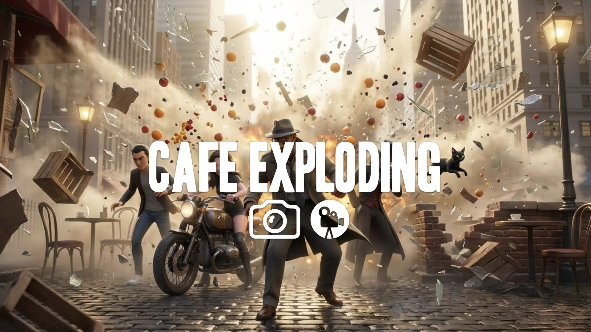 * Cafe district exploding debris flying slow motion sunlight fruit glass shattering chaos no music