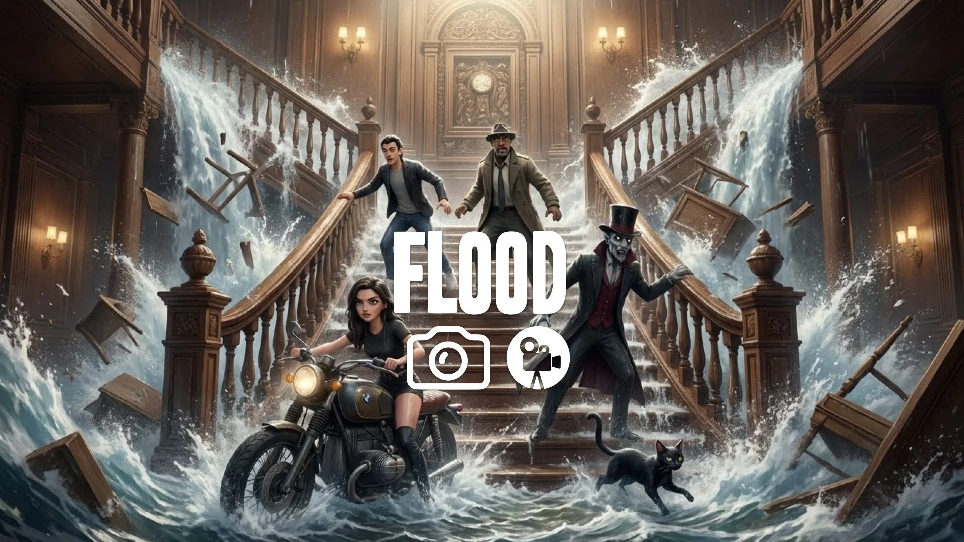 1. Grand staircase flooding water rushing destruction ornate wood splashing cinematic lighting no music