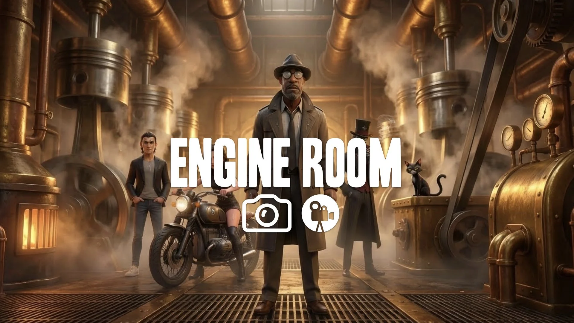 1. Engine room massive pistons moving steam sweat warm glow industrial brass texture no music