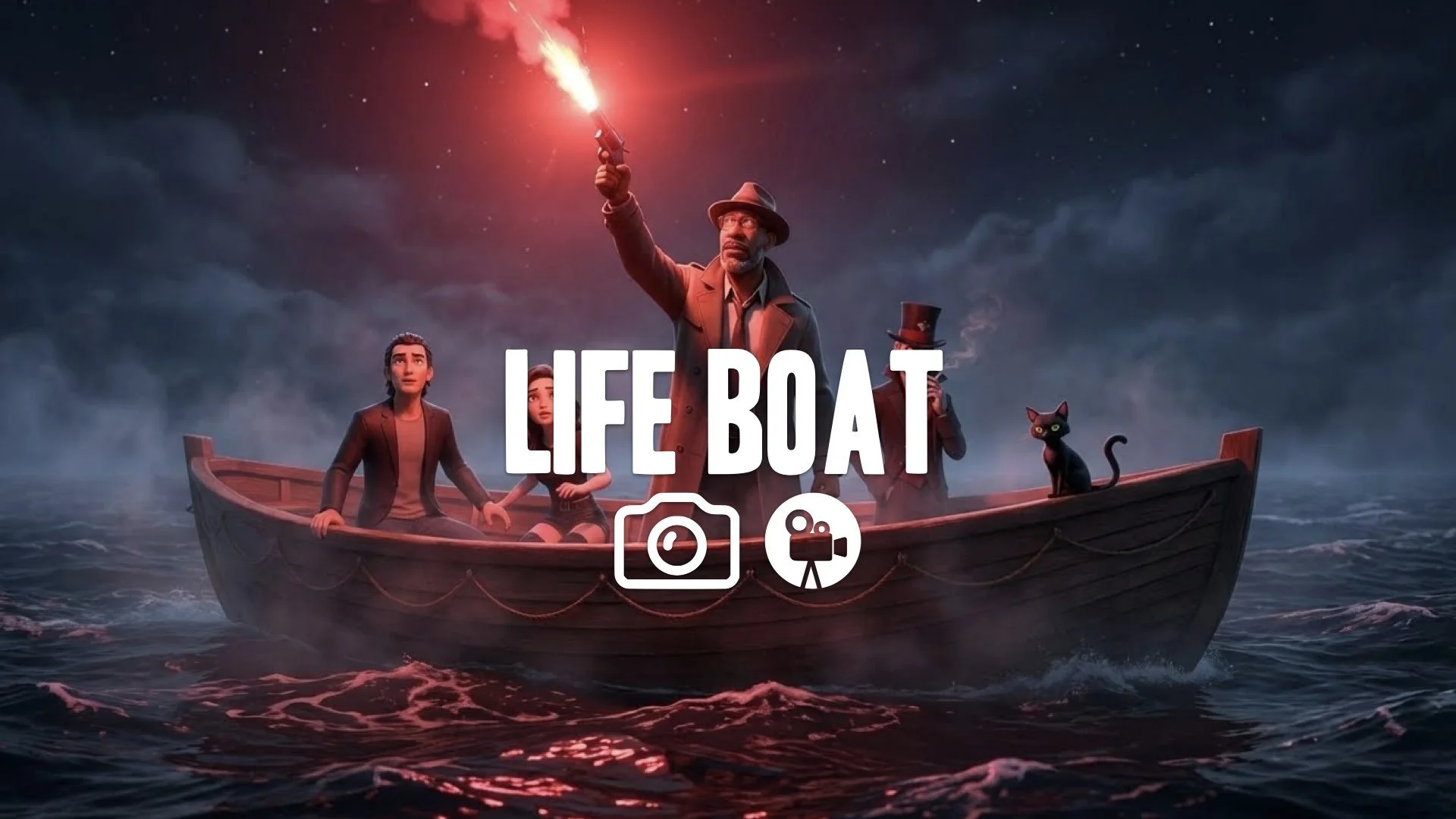 1. Lifeboat flare gun red light dark ocean stars cold mist reflection water ripples no music