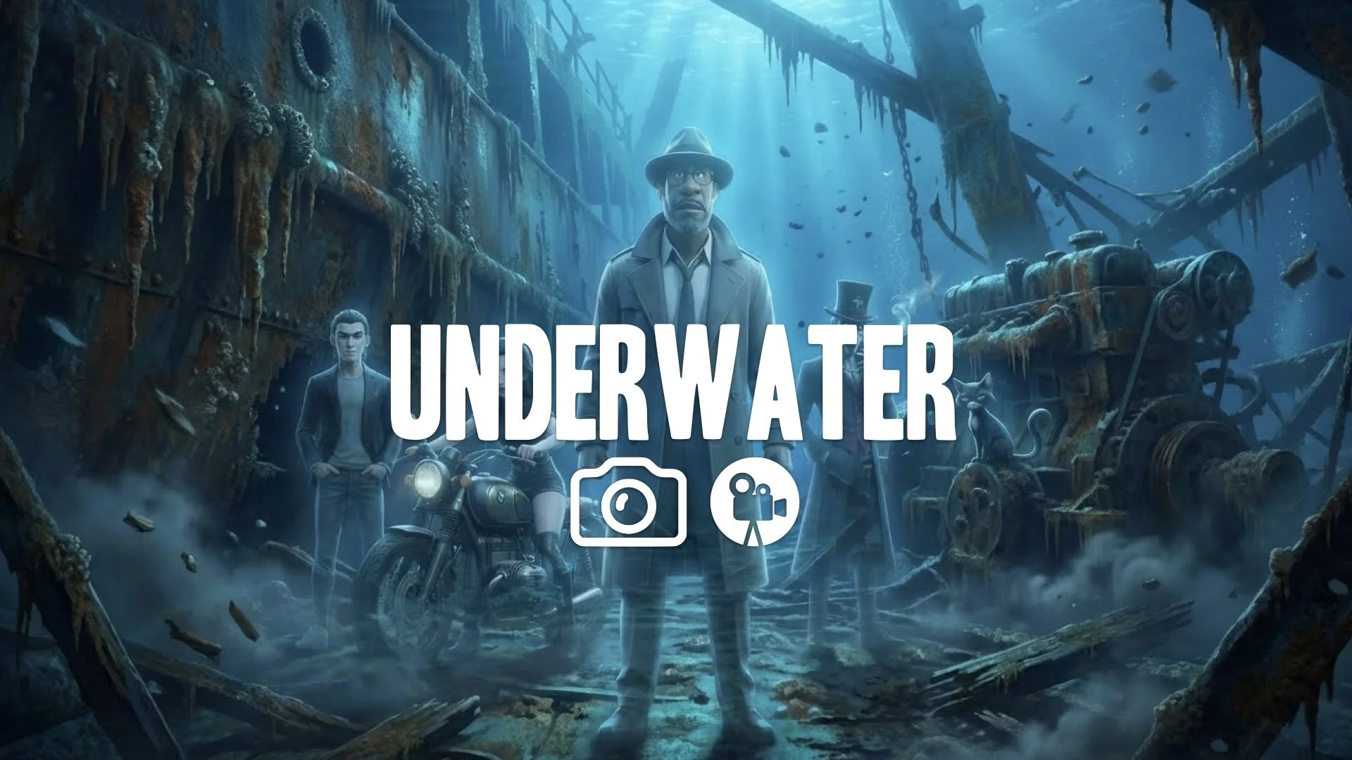 1. Underwater wreck rusticles eerie blue light seabed decay particles floating ghost ship no music